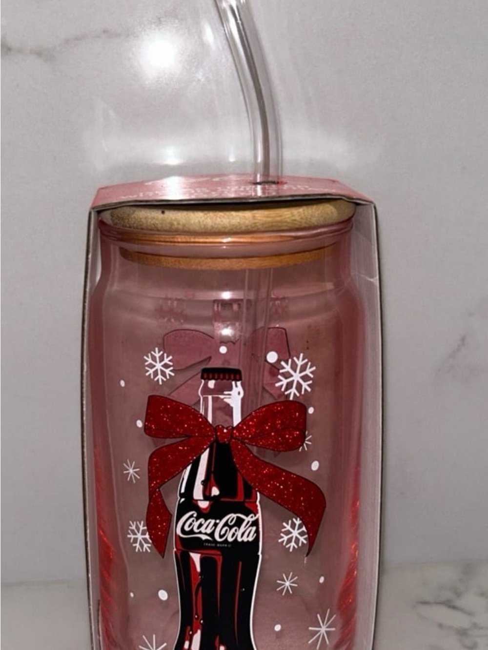 Coca-Cola Pink Tumbler with Red Glitter Bow Bottle Graphic